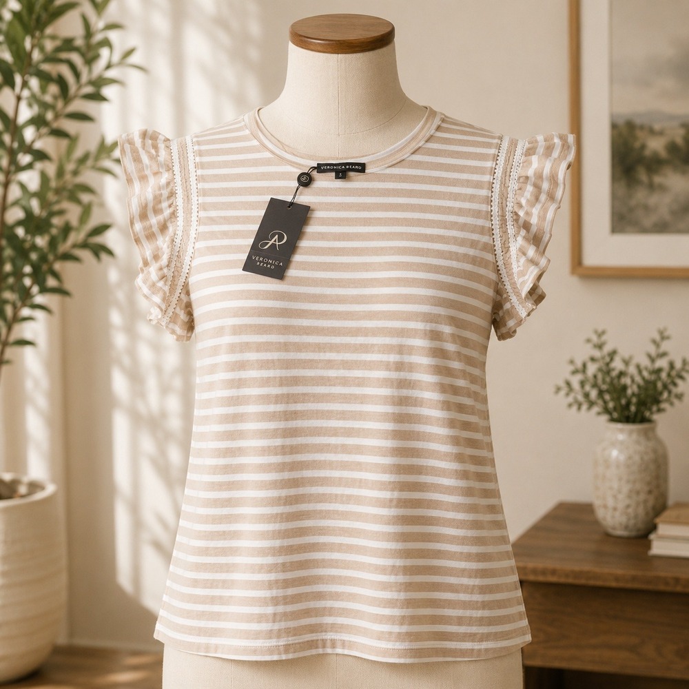 NWT Adrianna Papell Ruffle Sleeve Top Womens Small Beige White Striped Knit Tee